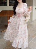 Hnzxzm Spring Pink Floral Elegant Dress Women Bandage Lace Print Sweet Vintage Dress Puff Sleeve Kawaii Dress Women Princess Fairy