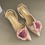 Hnzxzm Flower Designer Sandals Women Elegant Satin Mule Shoes 2024 Summer Pointed Toe Pumps Low Heel Flowers Slingback Sandals Female