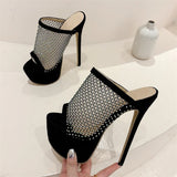 Hnzxzm Design Peep Toe CRYSTAL Mesh Fabric Sexy Women Slippers Stiletto Platform High Heels Female Nightclub Shoes