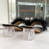 Hnzxzm Fashion Slippers Women's Summer New Open Toe Plush Fox Fur Chunky with Flip Flops Sexy Home Banquet Square Toe Simple Pumps