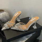 Hnzxzm Sexy Silver Crystal Diamond PVC Transparent Women Pumps Street Style Pointed Toe Slingbacks High Heels Party Dress Shoes