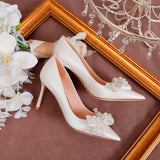 Hnzxzm Luxury Pearl Bowknot Wedding Pumps Women Sexy Stiletto Heels Party Shoes Woman Silk Pointed Toe Rhonestone Pumps Ladies