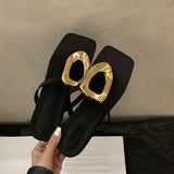 Hnzxzm Designer Summer Flats Women Slippers Fashion Elegant Metal Decoration Slides Rome Ladies Outdoor Beach Vacation Sandalias