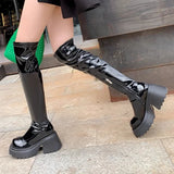 Hnzxzm Patent Leather Chunky Platform Long Boots Women Autumn Punk Thick Heels Shoes Woman Zipper Black Motorcycle Botas De Mujer