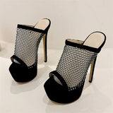 Hnzxzm Design Peep Toe CRYSTAL Mesh Fabric Sexy Women Slippers Stiletto Platform High Heels Female Nightclub Shoes