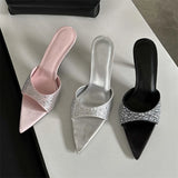 Hnzxzm 2025 New Summer Silk CRYSTAL Women Slippers Sandals Fashion Thin Heels Mule Beach Slides Shoes Zapatos Mujer