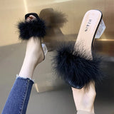 Hnzxzm Fashion Slippers Women's Summer New Open Toe Plush Fox Fur Chunky with Flip Flops Sexy Home Banquet Square Toe Simple Pumps