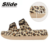 Hnzxzm Leopard Soft Sole Pillow Slippers for Women Double Buckle Thick Platform Cloud Slides Sandals Woman Summer Non-Slip Flip Flops