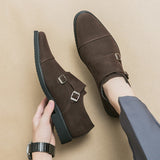 Hnzxzm New Brown Loafers Flock Double Buckle Monk Shoes Black Square Toe Slip-On Business Men Dress Shoes Size 38-46