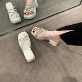 Hnzxzm Summer Clip Toe Women Slipper Fashion Elegant Crystal Narrow Band Thick Heel Slides Ladies Elegant Dress Sandalias Shoes