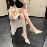 Hnzxzm Footwear Thin Heels Sandals for Woman Diamond Summer Stiletto Women's Shoes Rhinestones Closed Pointed Toe Buckles Beige H