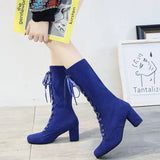Hnzxzm Footwear Cosplay Elegant Heeled Ladies Boots High Heels Shoes for Women Lace-up with Laces Mid Calf Blue Half Platform Chic Boot