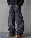 Hnzxzm Baggy Jeans for Men Y2k Hip Hop Distressed Retro Black Pants  Oversized Embroidery Harajuku Gothic Wide Leg Trousers Streetwear