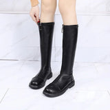 Hnzxzm Leather Ladies Boots Footwear Shoes for Women Long Round Toe Elegant with Low Heels Biker Winter Knee High Shaft Boot Hot Y2k Pu