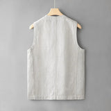 Hnzxzm Casual Men Loose Linen Cotton Vest Japanese Retro Sold Color Multiple Pockets Workwear Sleeveless Top V-neck For Male