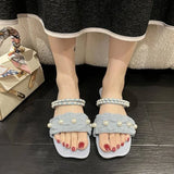 Hnzxzm Women's Shoes Rhinestones Summer Blue Sandals for Woman One Word Footwear Diamond with Low Heels on Offer Shoe Wholesale H