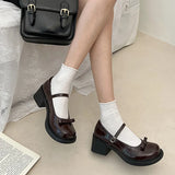 Hnzxzm Vintage High Heel Mary Jane Shoes for Women New Summer Bow Brown Round Head English Style Small Leather Shoes