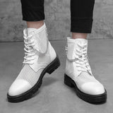 Hnzxzm Summer New Breathable Fashion Boots Men's High-Top Korean Style Casual Men's Motorcycle Boots White Mesh Social Cowboy Boot
