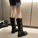 Hnzxzm New High Quality Wasteland Style Vintage T Barrel Western Boots for Women Black Belt Straps Boot Shoes Brown Platform Shoes