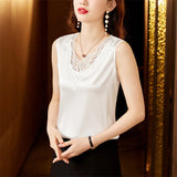Hnzxzm Fashion Woman Sleeveless Silk Shirts and Blouses Summer Elegant Youth Loose Casual Satin Top Solid V Neck Clothes