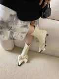 Hnzxzm Big Cute Bow Women Ankle Boots Black White Women SHort Sock Botas Thin High Heels Back Zipper Winter Autumn Chelsea Boots 35-39