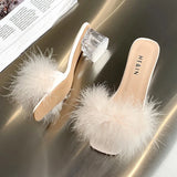 Hnzxzm Fashion Slippers Women's Summer New Open Toe Plush Fox Fur Chunky with Flip Flops Sexy Home Banquet Square Toe Simple Pumps