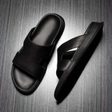 Hnzxzm new summer leather open toe men's sandals solid color simple basic beach shoes casual men's shoes