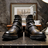 Hnzxzm TOP ! Mature Men's Elegant Folds Leather Boots Businessman Buckle Belt Pleated High End Office Winter Shoes