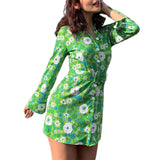 YiYiMiYu Y2K Fashion Wrap Floral Print Summer Casual Beach Sexy Mini Dress Women Chic Green Pink Long Sleeve Blouse Dress 2021