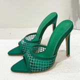 Hnzxzm New Sexy Pointed Toe Thin High Heels Pumps Green Mesh Slippers Summer Fashion Slip On Slides Women Mules Party Shoes Sandals