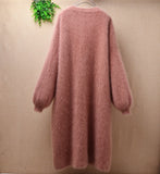 Elegant casual winter long loose brown thicken mink cashmere long lantern sleeves angora rabbit fur cardigan sweater coat wrap