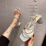 2022 Summer Women's Sandals Fashion Luxury Square Toe Club Rhinestone Snake Wrap High Heel Sandals Birthday Wedding Party Shoes