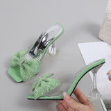 Hnzxzm Size 34-46 Summer Party Slippers Fashion Green Rhinestone Bow Heels Sandals Women Square Open Toe PVC Transparent Shoes Slides