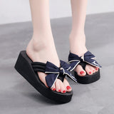 2021 Fashion Summer Slippers for Women Handmade Bow Wedge High Heel Ladies Flip-Flops Platform Outside Non-Slip Beach Shoe
