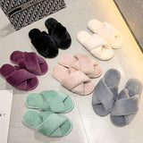 Women Home Furry Slippers Cross Faux Fur Ins Fashion Warm Soft Shoes New Indoor Cotton Slippers Thickened Leak-Toe Fur Slides