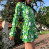 YiYiMiYu Y2K Fashion Wrap Floral Print Summer Casual Beach Sexy Mini Dress Women Chic Green Pink Long Sleeve Blouse Dress 2021