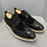 Hnzxzm British Style Classic Mens Business Casual Shoes Patent Leather Suede Wingtip Brogue Oxfords Black Flat Fashion Shoes for Men