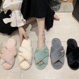 Women Home Slippers with Pearl Chain Faux Fur Ins Fashion Warm Soft Shoes Thickened Leak-Toe Fur Slides