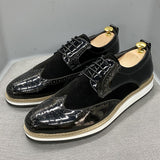 Hnzxzm British Style Classic Mens Business Casual Shoes Patent Leather Suede Wingtip Brogue Oxfords Black Flat Fashion Shoes for Men