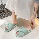 Women Home Furry Slippers Cross Faux Fur Ins Fashion Warm Soft Shoes New Indoor Cotton Slippers Thickened Leak-Toe Fur Slides