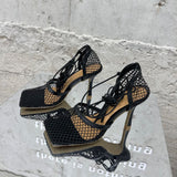 Hnzxzm 2022 New Sexy Yellow Mesh High-Heeled Sandals Square-Toe Women's Cross Strap Lace-Up Stiletto Hollow Shoes