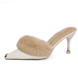 Hnzxzm Fur Slippers Mules Pointed Toe Elegant High Heels Shoes Women's Autumn New Furry Slides Flip Flops Office Work Ytmtloy Indoor