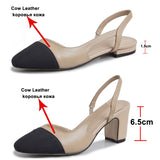 Hnzxzm Meotina Low Heels Real Leather Slingbacks Shoes Women Square Toe Pumps Thick Heel Shoes Brand Design Lady Footwear 2023 Size 40