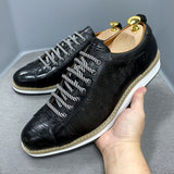 Hnzxzm Classic Mens Casual Shoes Genuine Leather Lace-Up Fashion Sneakers Luxury Brand Alligator Print Street Travel Flat Shoes for Men