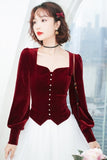 2021 Spring Fall Vintage Womens Square Collar Lantern Sleeve Wine Red Black Velvet Top Blouse , Woman Velour Tops and Blouses