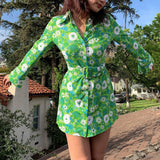 YiYiMiYu Y2K Fashion Wrap Floral Print Summer Casual Beach Sexy Mini Dress Women Chic Green Pink Long Sleeve Blouse Dress 2021