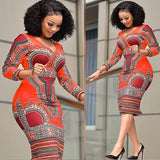 African Style Floral Print Retro Dress for Women Elegant Fashion V-neck Bodycon Plus Size Midi Dress Long Sleeves Vestidos