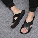 2021 Summer Beach Slippers Men Shoes Black Flat Leather Summer Shoes Holiday Male Footwear Non-slip Brand Man Slippers N038