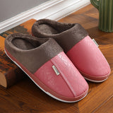 Winter Indoor Leather Slippers Household Waterproof Warm Slides Home Fur Couple Shoes Flat Men's Slipper Cotton Sandals