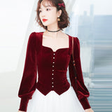 2021 Spring Fall Vintage Womens Square Collar Lantern Sleeve Wine Red Black Velvet Top Blouse , Woman Velour Tops and Blouses